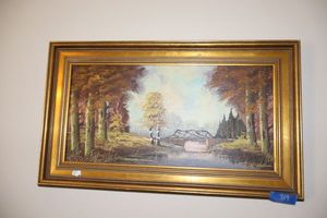 lot 319 image: Wall art Vintage painting of bridge over river