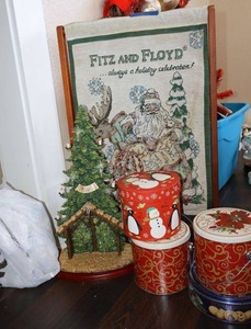 lot 411 image: Fitz and Floyd sign, cookie tins and village church