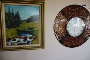lot 414 image: Metal Wall clock and landscape painting