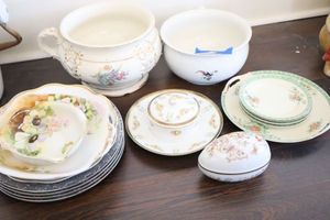 lot 417 image: Misc. dishes with ceramic egg and pewter plates