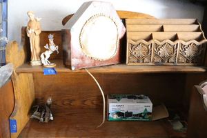 lot 540 image: Wood paper sorter, figurines, doll benches, and more