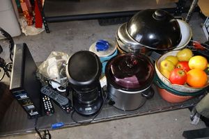 lot 578 image: Crockpot, coffee maker, cooking pots, plastic fruit