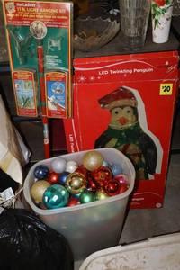 lot 563 image: Christmas decorations LED twinkling penguin, ornaments, light hanging kit