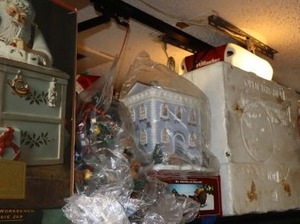 lot 633 image: Christmas village houses, Lenox for the Holidays, and tree with dogs