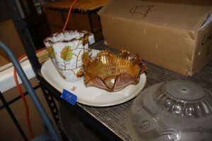 lot 619 image: Glass bowls and compotes, iridescent bowl, leaf pattern vase and platter