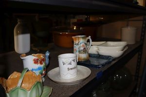 lot 614 image: Divided serving dishes, blue glass tray, gold trimmed cups
