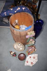 lot 375 image: small barrel with plastic beaded fruit, tall blue glass vase, and home dcor