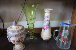 lot 425 image: Tall vases green glass vase, hand painted Nippon, clear pitcher with birds, and urn