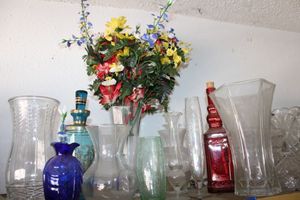 lot 468 image: Lead crystal items, Colored glass and clear glass vases and bottles