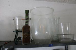 lot 479 image: Large clear glass vases, glass bucket with stand as shown