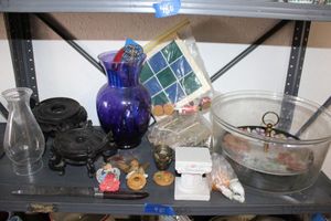 lot 481 image: Large glass bowl, blue vase, and Misc. housewares