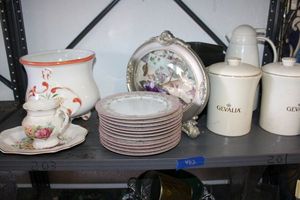lot 482 image: Gevalia cannisters and pitcher, pink and gold plates and more