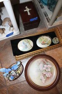 lot 228 image: Oval ceramic bird scenes, flower plate with frame, Blue bird music box ,and wooden box