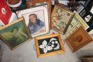 lot 586 image: Wall art with embroidered pieces and Fill-A-Tray