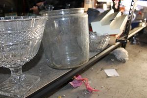 lot 607 image: Crystal and clear glass items, rolling pin, and more