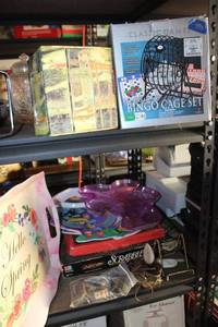 lot 599 image: Misc. lot Bingo cage, plastic trays, Christmas platter, and Scrabble game