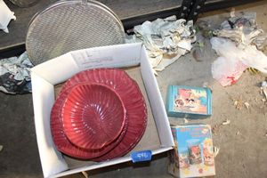 lot 596 image: Red shell design dish set, splatter screens, and more