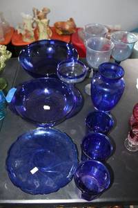lot 360 image: Blue glass bowls and tall stemmed goblets glassware, includes Anchor Hocking bowl