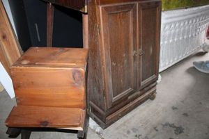 lot 527 image: Doll size schoolhouse desk as shown, and vintage coin cabinet, see photos