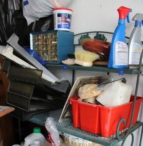lot 549 image: Tool hardware organizer, paper trays, cleaning supplies as shown