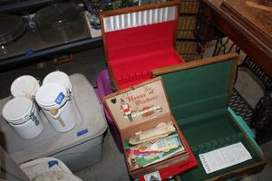 lot 648 image: Cannisters set with wood spoons plus flatware boxes