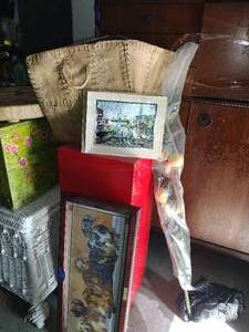 lot 539 image: Framed dog print, woven bag, and red stand