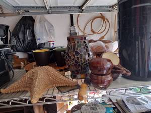 lot 571 image: Kitchen bowls, Mosaic vase, black coffee mugs, stack of plastic trash cans