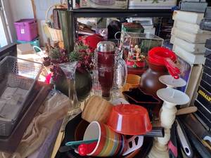 lot 575 image: Home dcor Christmas vase, candle sticks, kitchen bowls, utensils, and more