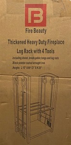 lot 16 image: Fire Beauty Fireplace Firewood Log Rack 2-Tier Storage Logs Holder With Shovel & Brush - In Condition As Shown - (READ)