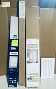 lot 33 image: Lot Of 4 - (1) 2 Room Darkening Cordless Faux Wood Blind White, (1) 1 Cordless Vinyl Mini Blind, (1) Shower Curtain Rod & (1) Vent - In Condition As Shown - (READ)