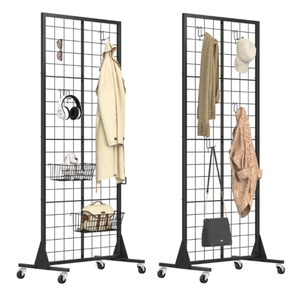lot 34 image: Lot Of 2 - Spacecare Floorstanding Gridwall Panel Movable Display Stands With Casters, 2.1 x 5.5 - In Condition As Shown - (READ) - $$