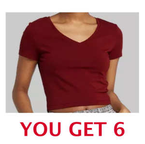 lot 94 image: Lot of 6 New - Wild Fable Short Sleeve Womens V-Neck Small Cropped T-Shirt, Berry Maroon - As Shown