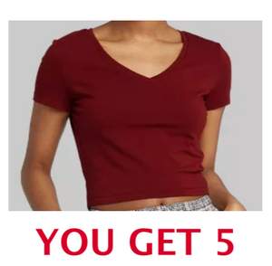lot 99 image: Lot of 5 New - Wild Fable Short Sleeve Womens V-Neck Small Cropped T-Shirt, Berry Maroon - As Shown
