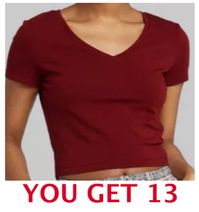 lot 105 image: Lot of 13 New - Wild Fable Short Sleeve Womens V-Neck Small Cropped T-Shirt, Berry Maroon - As Shown