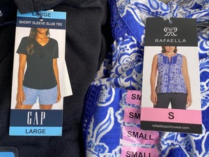 lot 108 image: Lot Of 6 New - (3) GAP XL Ladies True Black Short Sleeve Slub Tee, Model#QLT7142S & (3) Rafaella Womens Sleeveless Split Neck WFabric Tie Fashion Top Amparo Blue, Model#RSKSD034 - Size Small - As Shown