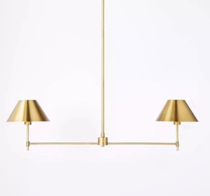 lot 148 image: New Other Threshold Studio McGee 48.25 Two Arm Shaded Chandelier Ceiling Light, Brass Finish - In Condition As Shown - (READ)