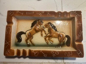 lot 163 image: Ceramic Ashtray with Horses & Brands  7x11 12