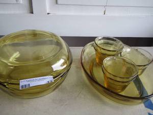 lot 13 image: 5 glass cups - covered oven dish- glass dish made in Mexico