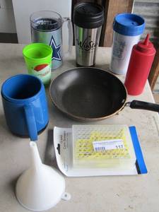 lot 117 image: cups- funnel- skillet and more