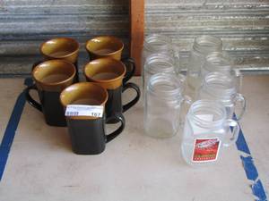 lot 167 image: 5 royal Norfolk black and brown coffee cups- 7 mason jars