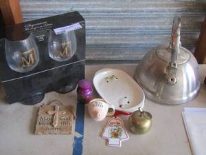 lot 142 image: tea kettle -wine glasses with initial M- brass apple mini vase  plus