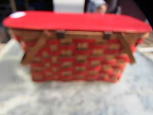lot 18 image: red wicker picnic baskets