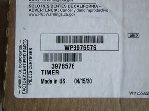 lot 283 image: APPLIANCE PARTS  Whirlpool Timer  WP3976576 - In Boxes PACKAGING  SEE DESCRIPTION