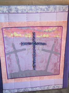 lot 385 image: ART - QUILTED ART PIECE WITH 3 CROSSES