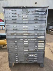 lot 1 image: Beautiful Vintage 4-Stack of Hamilton Horizontal Drawers Drafting Cabinet. Came From Former Aviation Government Contractor.  Has some really cool stickers on the sides
