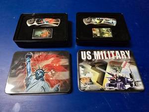 lot 177 image: Lot of 2 America Themed Matching Knife & Lighter Gift Sets w Matching Tin