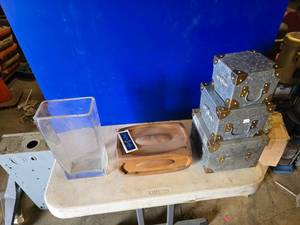 lot 223 image: Lot of Misc Decorative Items. Metal Nesting Boxes, Musical Jeweley Box & Glass Vase
