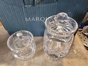 lot 275 image: Signed Waterford 24 Percent Lead Block Cryustal Jam Jars w Crystal Lids & Spoon Notch.  Hand Wheel Cut Design.