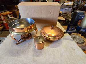 lot 107 image: Lot of Misc Copper Coated Items.  Chafing Dish, Pot w Lid & Tea Cup
