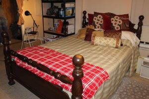 lot 117 image: Queen Size Bed Frame, Includes All Bedding Pictured, Setra Mattress Can Be Included